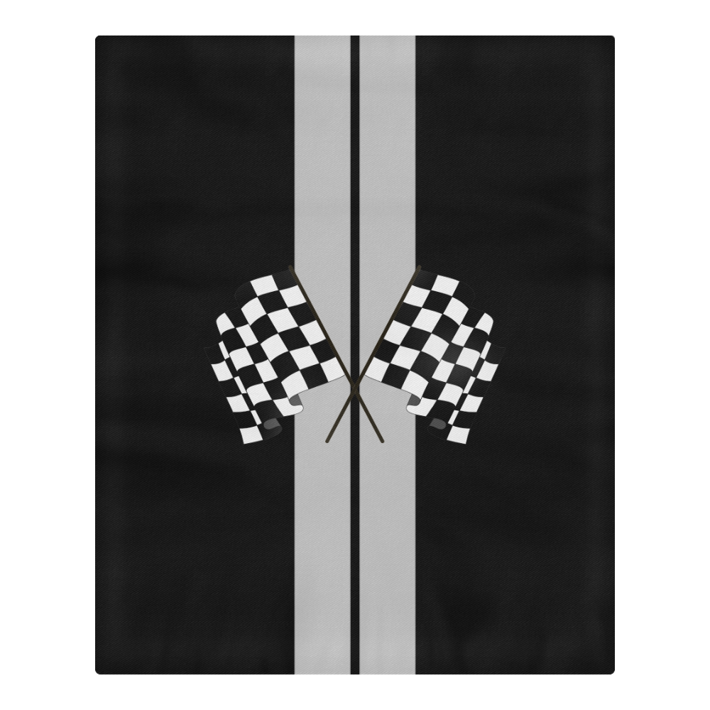 Race Car Stripe, Checkered Flags, Black and Silver 3-Piece Bedding Set