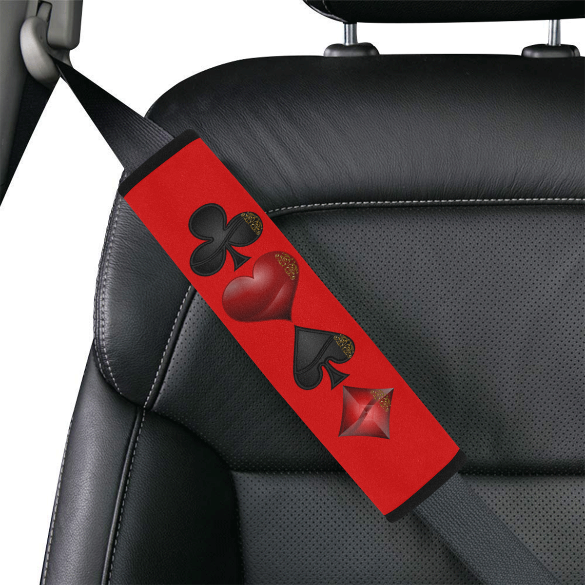Las Vegas  Black and Red Casino Poker Card Shapes on Red Car Seat Belt Cover 7''x12.6''