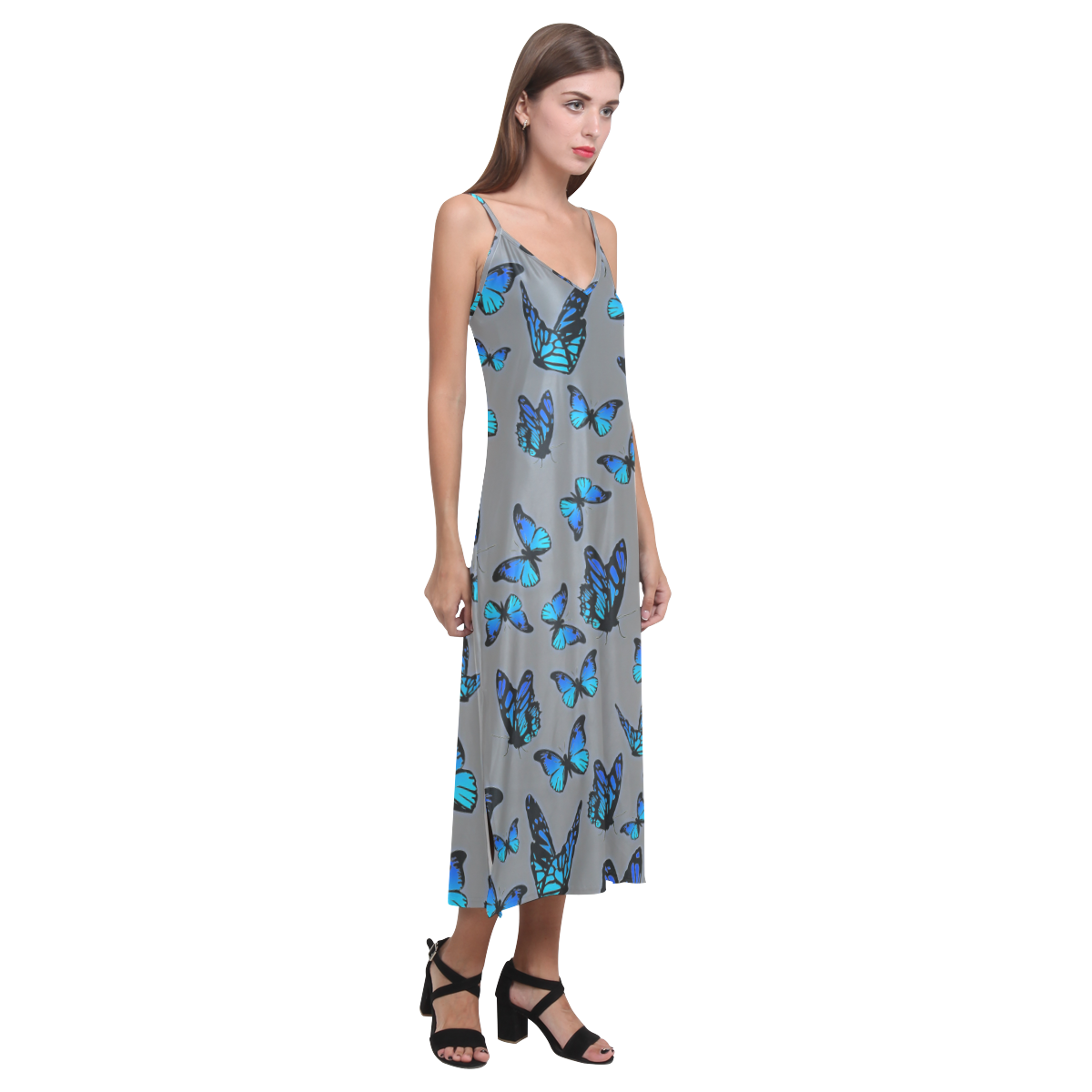 blue butterflies V-Neck Open Fork Long Dress(Model D18)