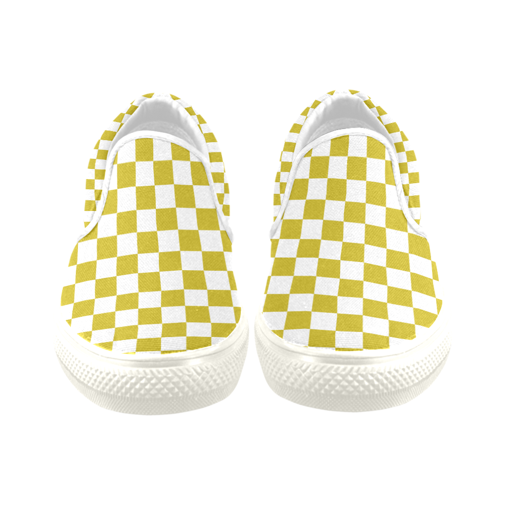 Checkerboard Gold and White Women's Unusual Slip-on Canvas Shoes (Model 019)