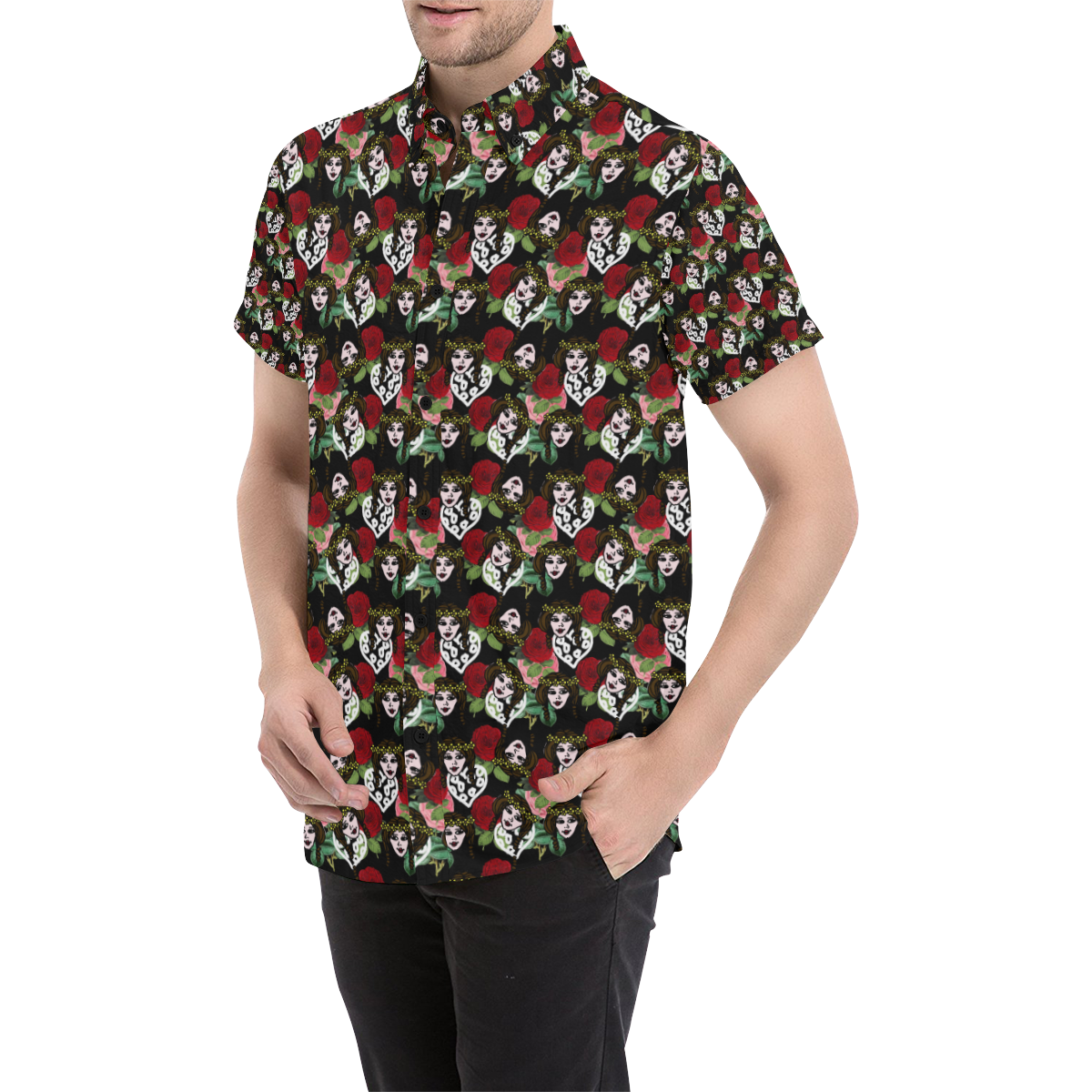 vintage hippie girl pattern black Men's All Over Print Short Sleeve Shirt/Large Size (Model T53)