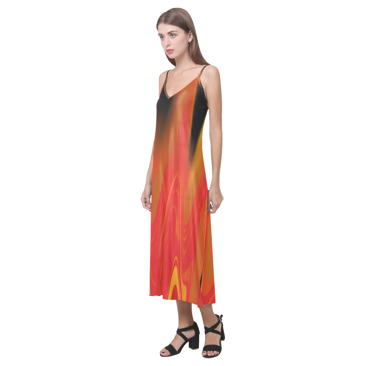 Flames V-Neck Open Fork Long Dress(Model D18)