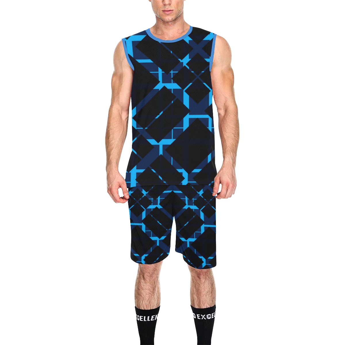 Diagonal Blue & Black Plaid Modern Team Basketball Uniforms All Over Print Basketball Uniform
