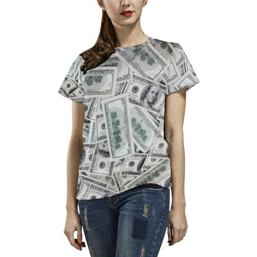 Cash Money / Hundred Dollar Bills Black Trim All Over Print T-Shirt for Women (USA Size) (Model T40)