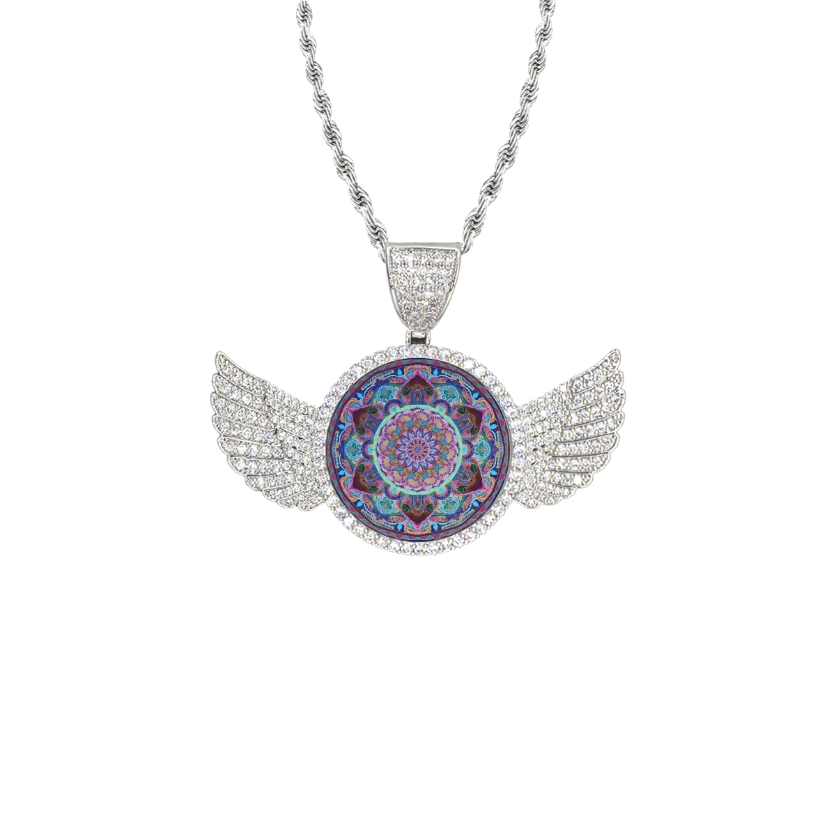 indian mandala Wings Silver Photo Pendant with Rope Chain
