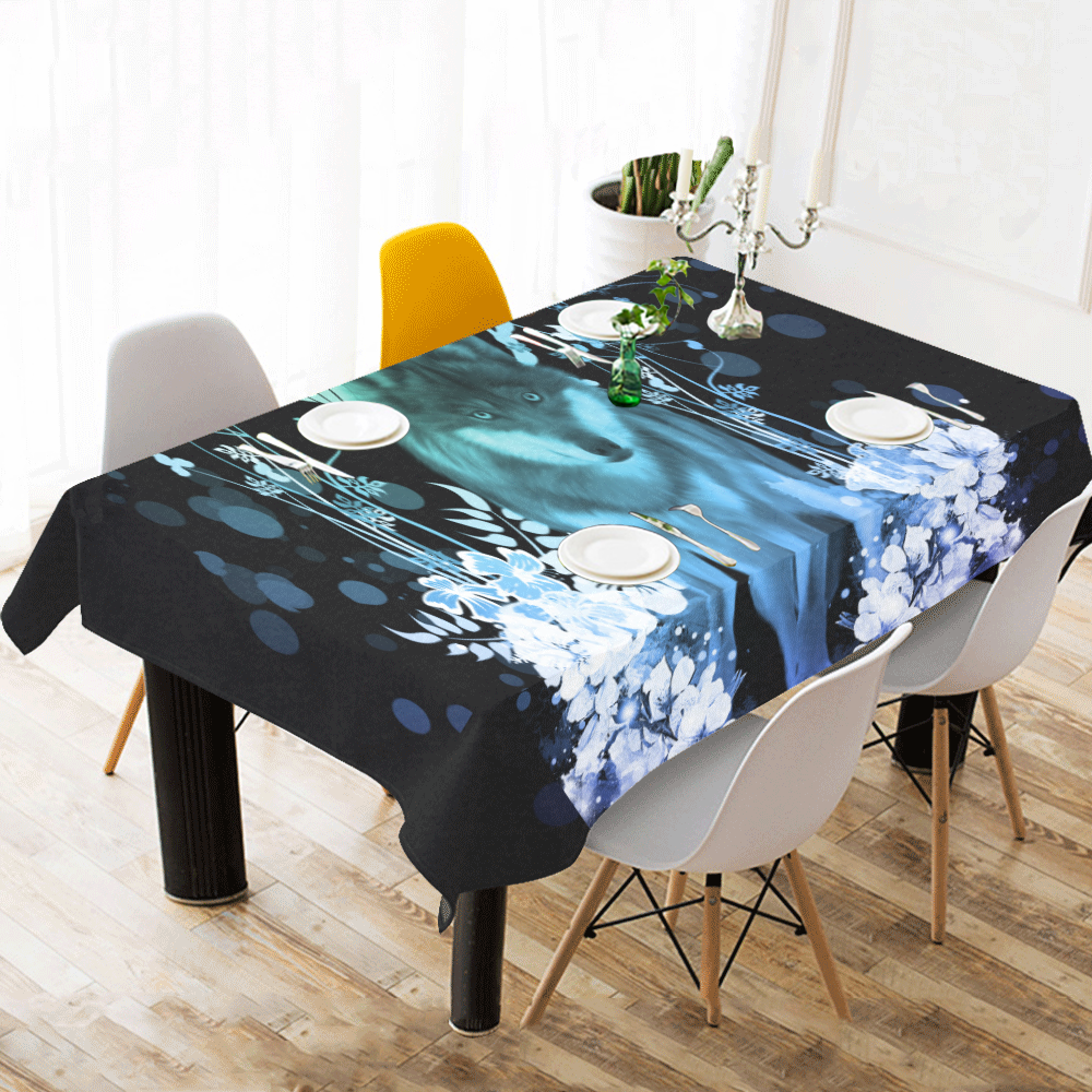 Awesome wolf with flowers Cotton Linen Tablecloth 60"x 104"