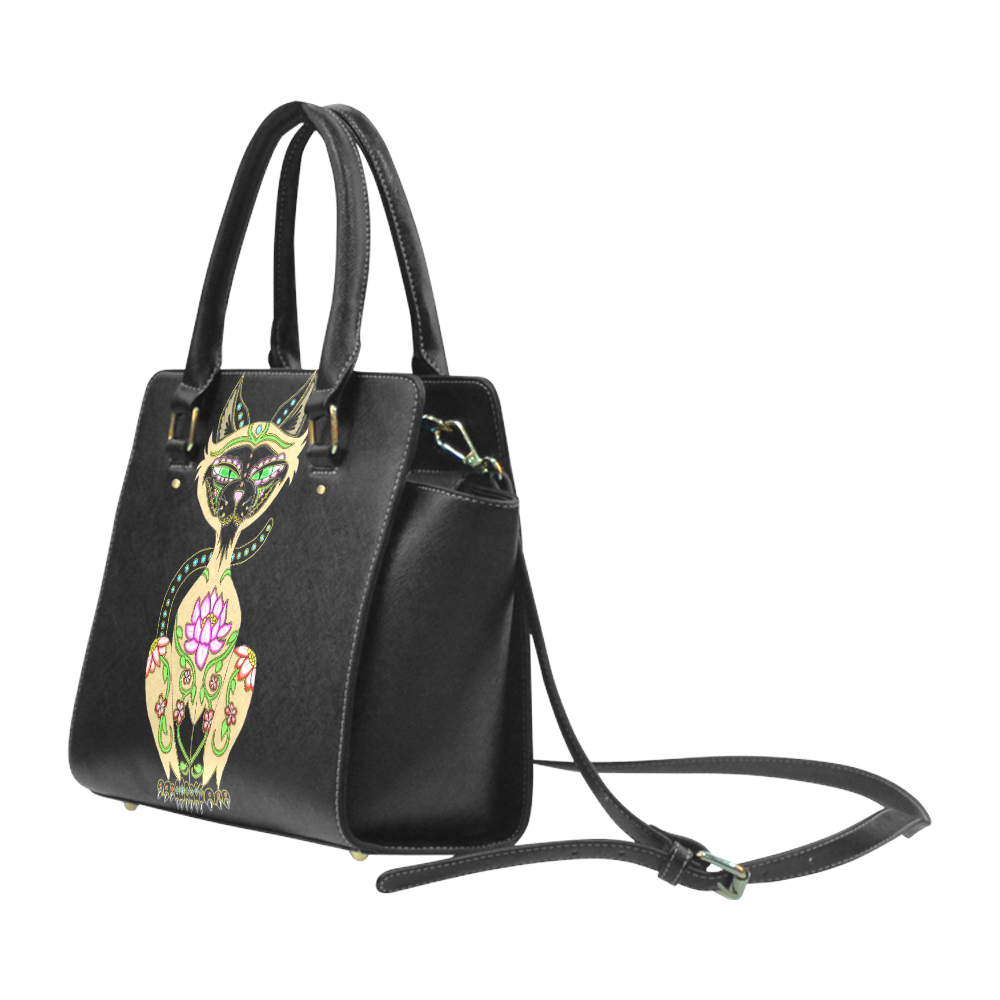 Siamese Cat Sugar Skull Black Classic Shoulder Handbag (Model 1653)