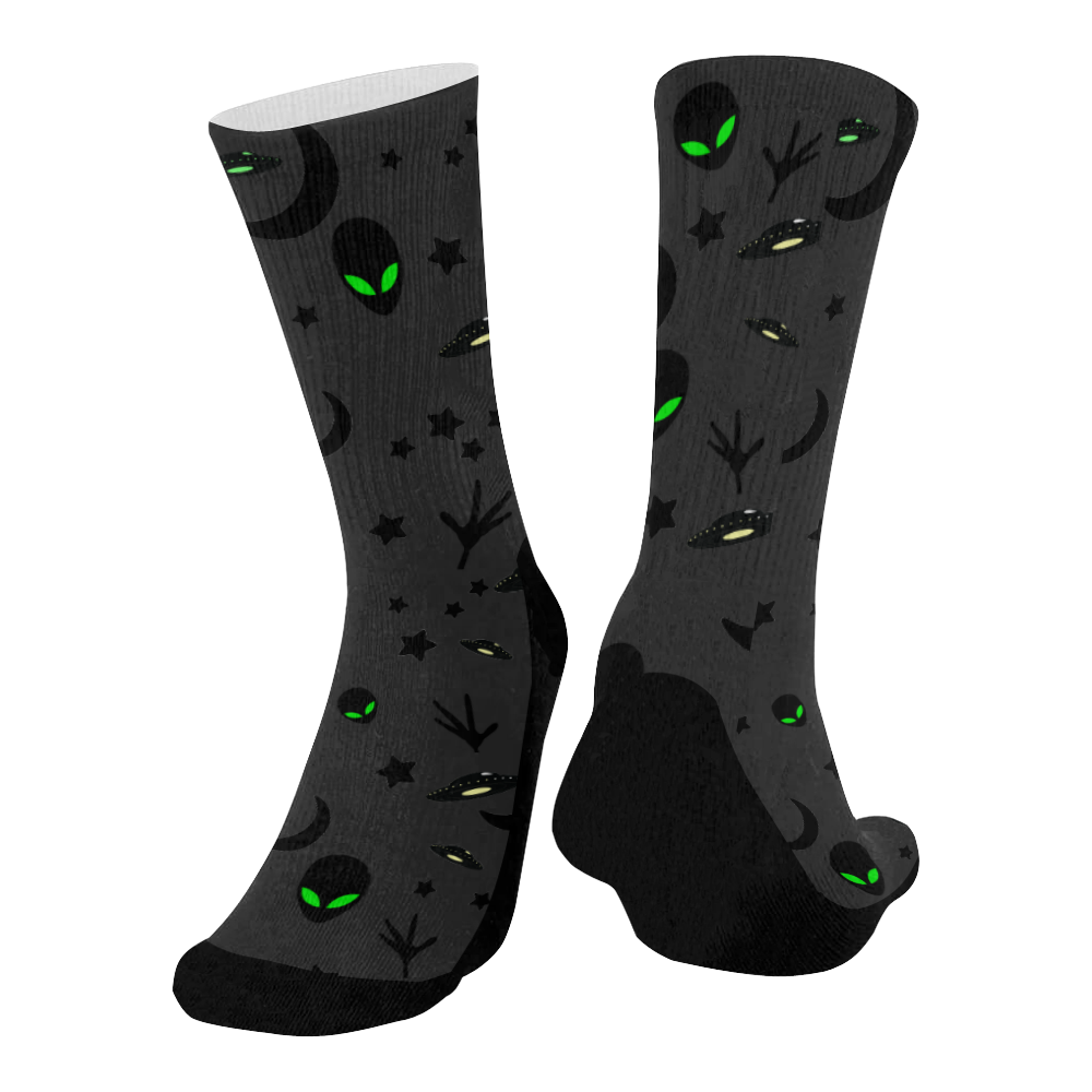 Alien Flying Saucers Stars Pattern on Charcoal Mid-Calf Socks (Black Sole)