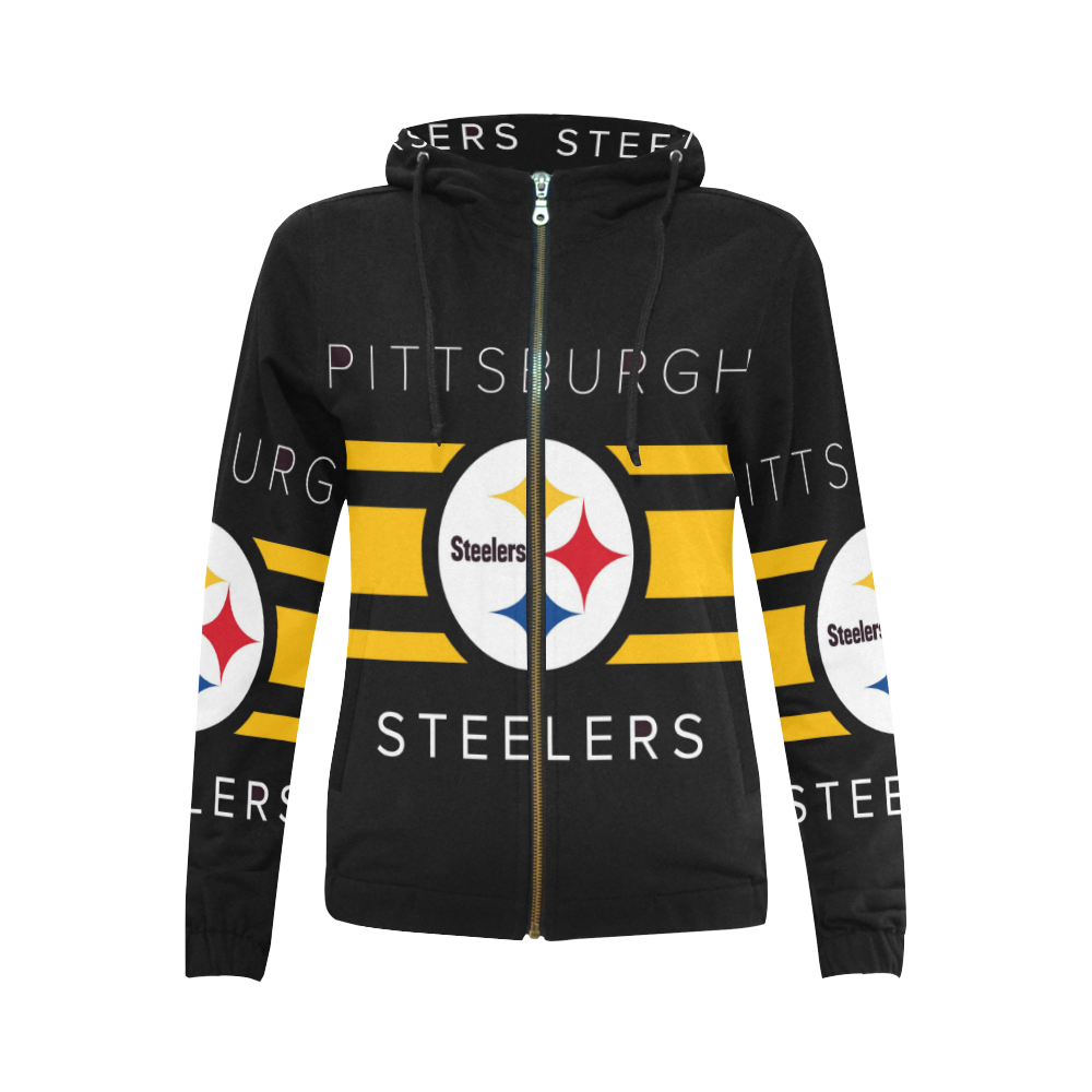 Pittsburgh Steelers Logo All Over Print Full Zip Hoodie for Women (Model H14)