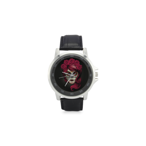 Floral Girl Sugar Skull Unisex Stainless Steel Leather Strap Watch(Model 202)