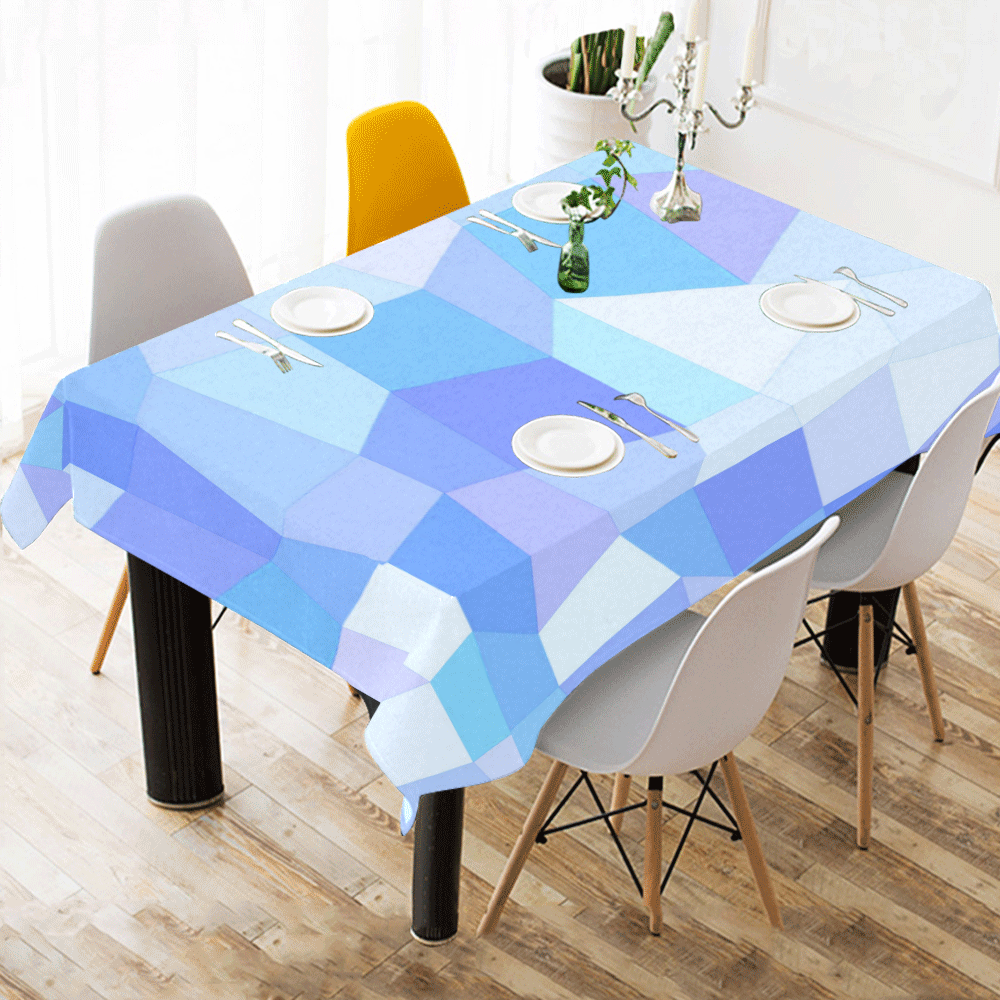 Bright Blues Mosaic Cotton Linen Tablecloth 60"x 84"