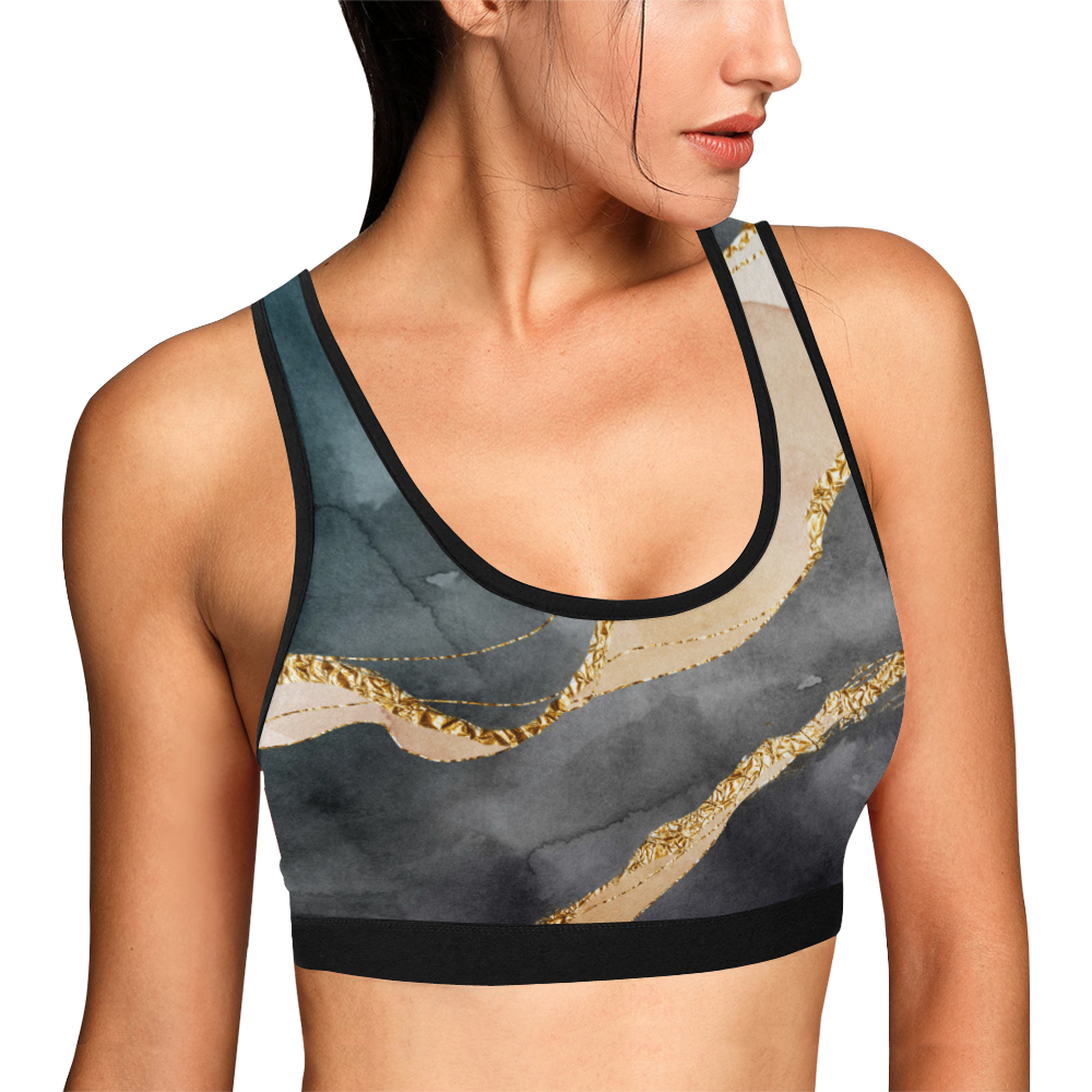 black and gold Women's All Over Print Sports Bra (Model T52)