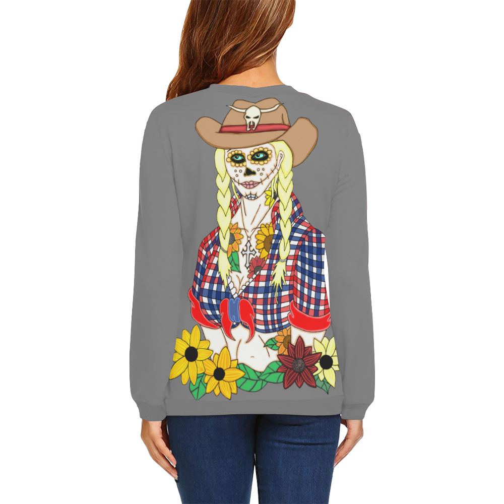Cowgirl Sugar Skull Grey All Over Print Crewneck Sweatshirt for Women (Model H18)