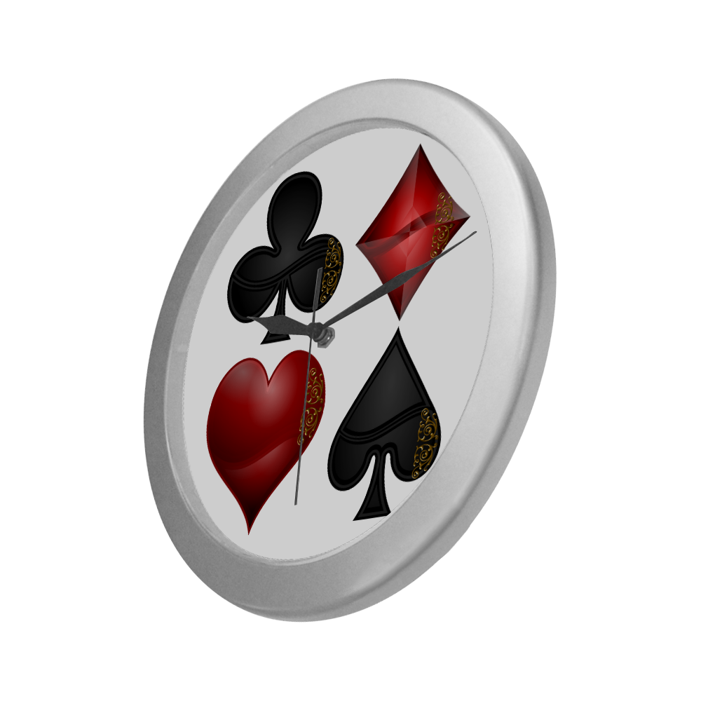 Las Vegas Black and Red Casino Poker Card Shapes Silver Color Wall Clock