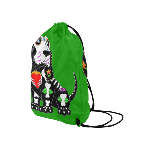 Basset Hound Sugar Skull Green Medium Drawstring Bag Model 1604 (Twin Sides) 13.8"(W) * 18.1"(H)