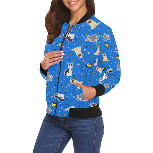 Pugs, French Bulldogs & Boston Terriers Bomber Jacket on Blue All Over Print Bomber Jacket for Women (Model H19)