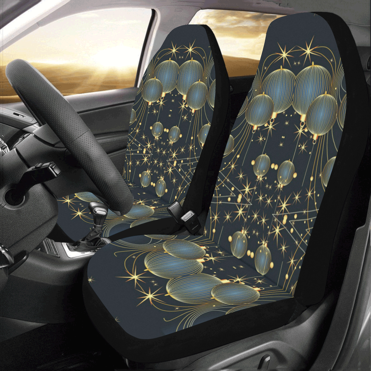 Golden Christmas Ornaments on Blue Car Seat Covers (Set of 2)