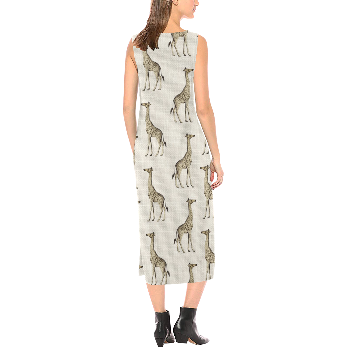 Linen Giraffe Animal Print Phaedra Sleeveless Open Fork Long Dress (Model D08)