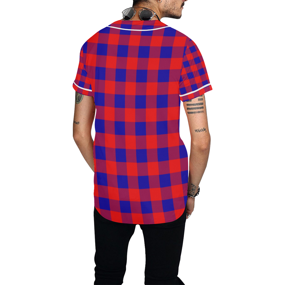 Red and Blue Checkered Pattern All Over Print Baseball Jersey for Men (Model T50)