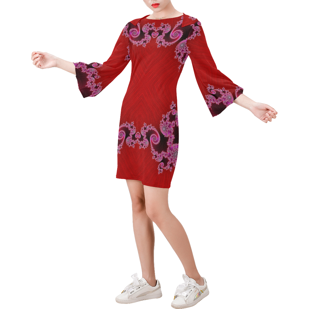 Red Pink Mauve Hearts and Lace Fractal Abstract 2 Bell Sleeve Dress (Model D52)