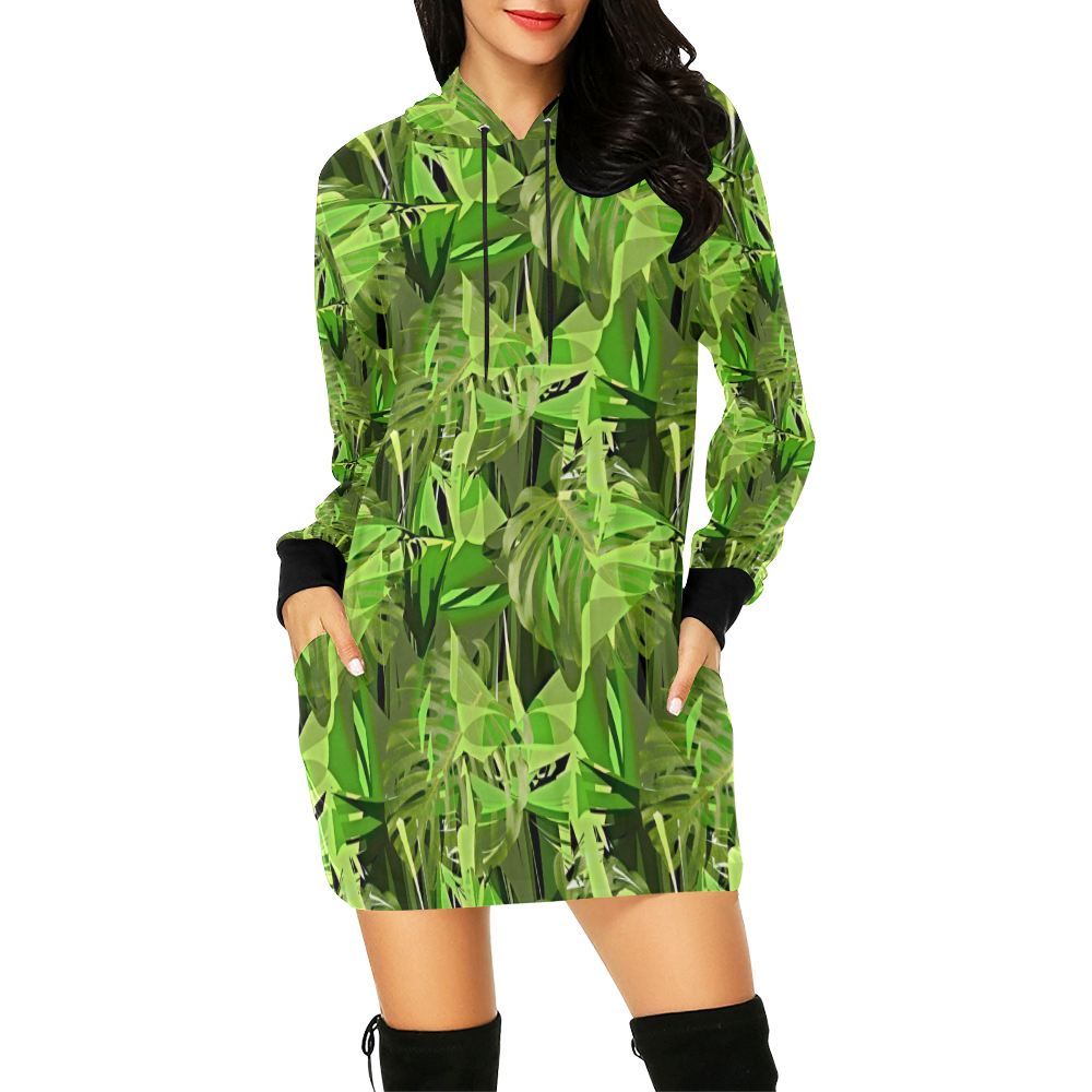 Tropical Jungle Leaves Camouflage All Over Print Hoodie Mini Dress (Model H27)