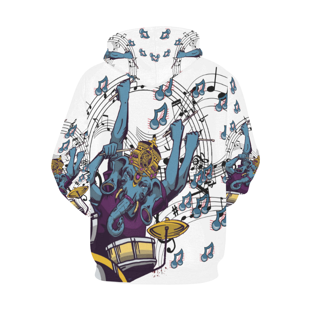 Ganesha Drummer Red Blue and Purple Music Theme White All Over Print Hoodie for Men/Large Size (USA Size) (Model H13)