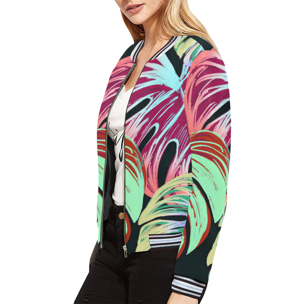 Pretty Leaves A by JamColors All Over Print Bomber Jacket for Women (Model H21)