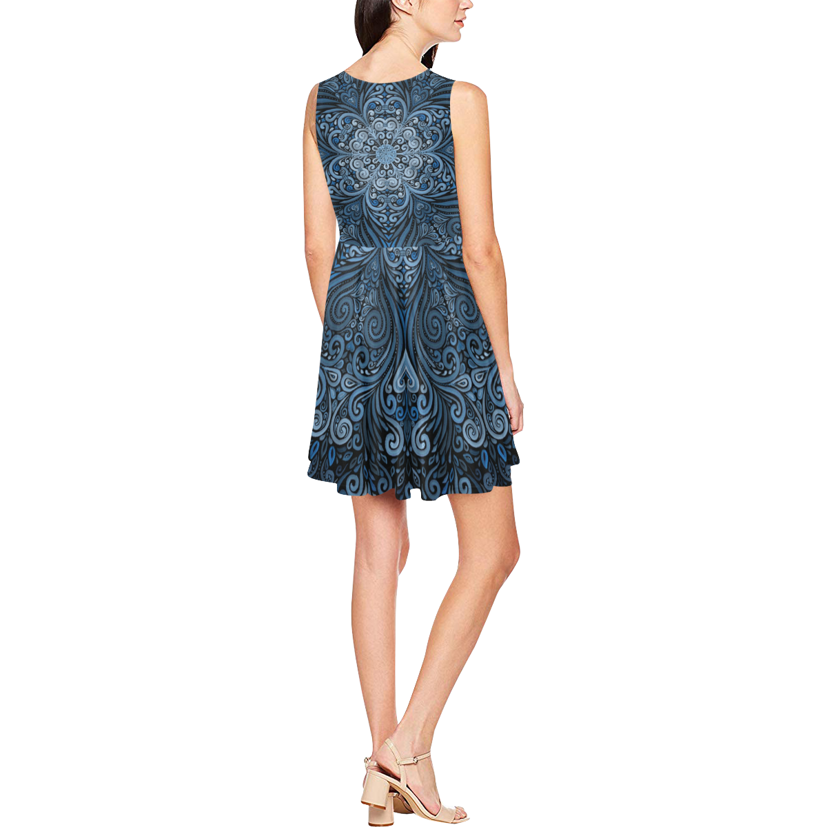 Blue Mandala Ornate Pattern 3D effect Thea Sleeveless Skater Dress(Model D19)
