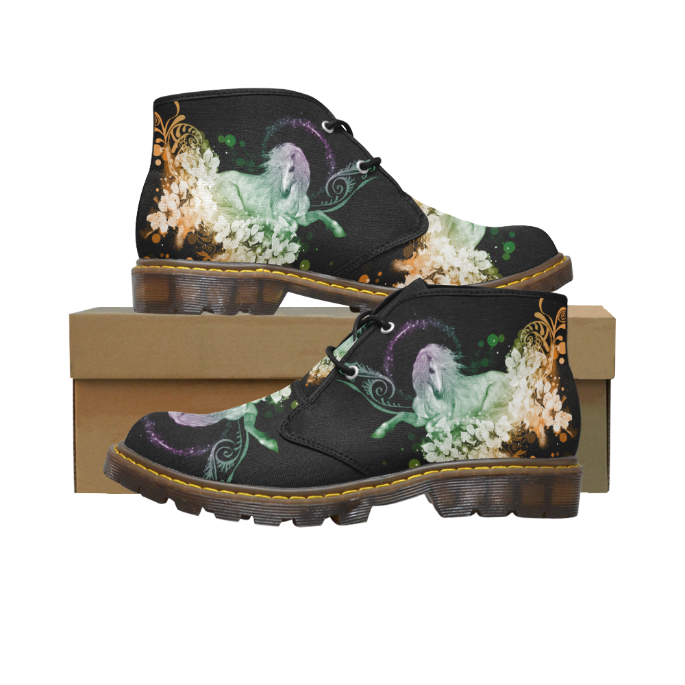 Beautiful unicorn with flowers, colorful Women's Canvas Chukka Boots/Large Size (Model 2402-1)