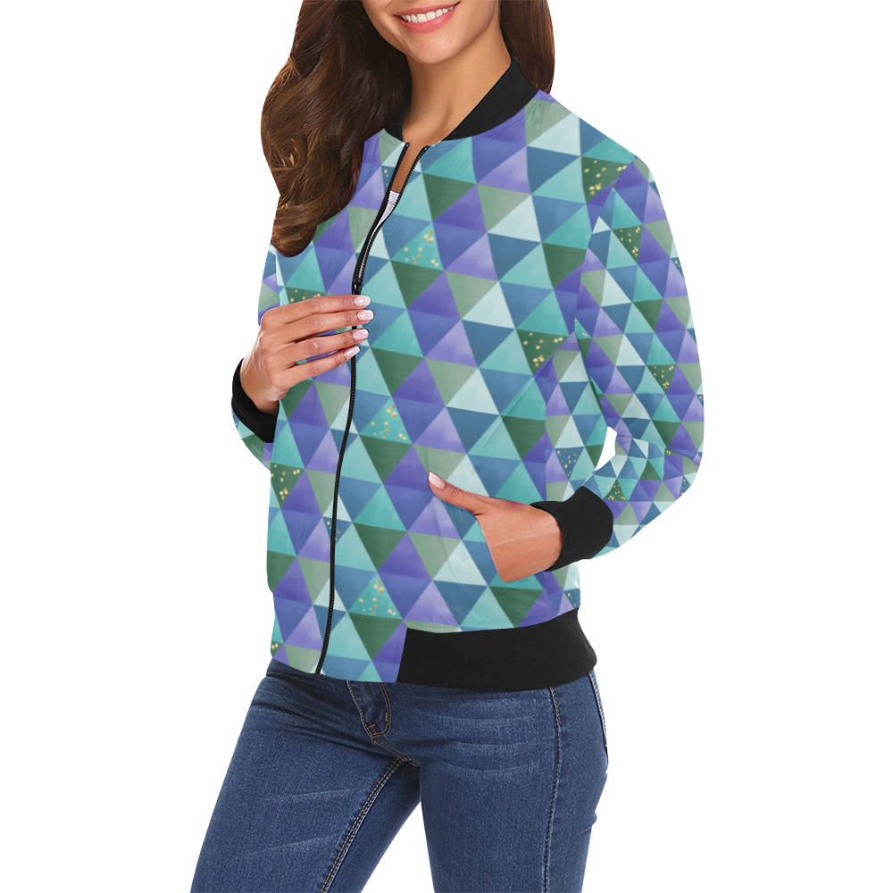 Triangle Pattern - Blue Violet Teal Green All Over Print Bomber Jacket for Women (Model H19)
