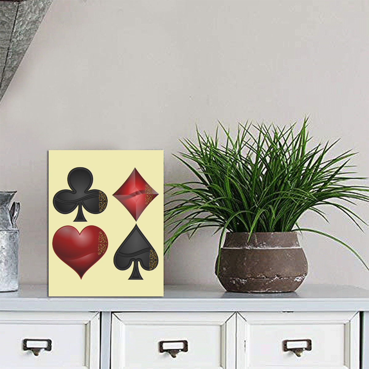 Las Vegas Black and Red Casino Poker Card Shapes  on Yellow Photo Panel for Tabletop Display 6"x8"