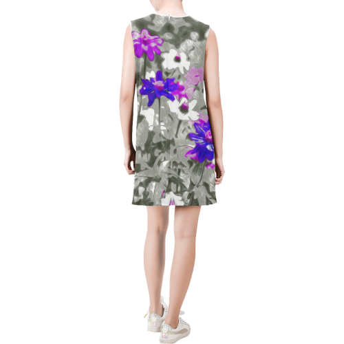 Flowers, black,white and splash C by JamColors Sleeveless Round Neck Shift Dress (Model D51)