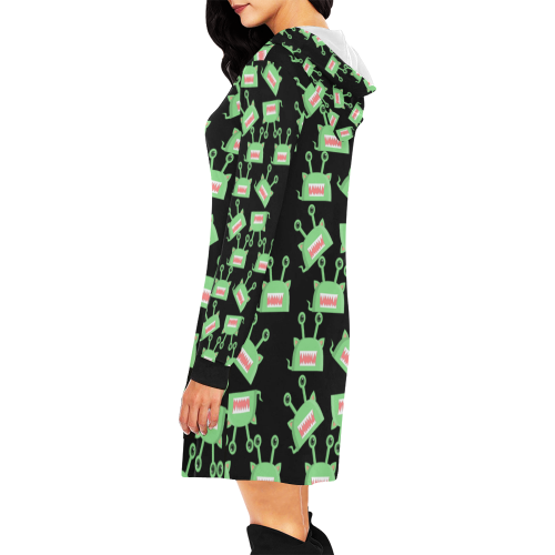 green alien monster pattern black All Over Print Hoodie Mini Dress (Model H27)