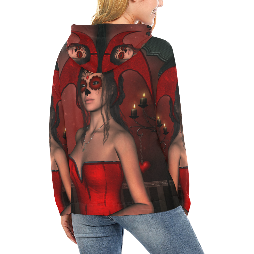Awesome lady with sugar skull face All Over Print Hoodie for Women (USA Size) (Model H13)