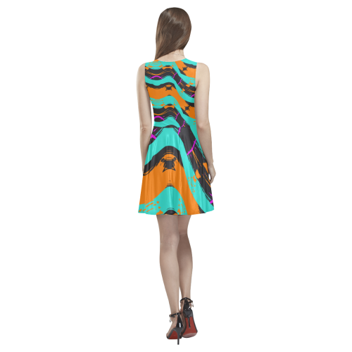 Blue orange black waves Thea Sleeveless Skater Dress(Model D19)