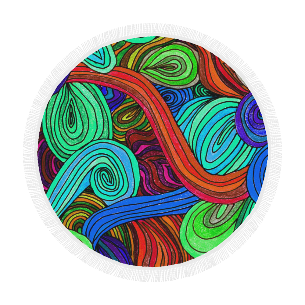 Psychedelic Lines Red Circular Beach Shawl 59"x 59"