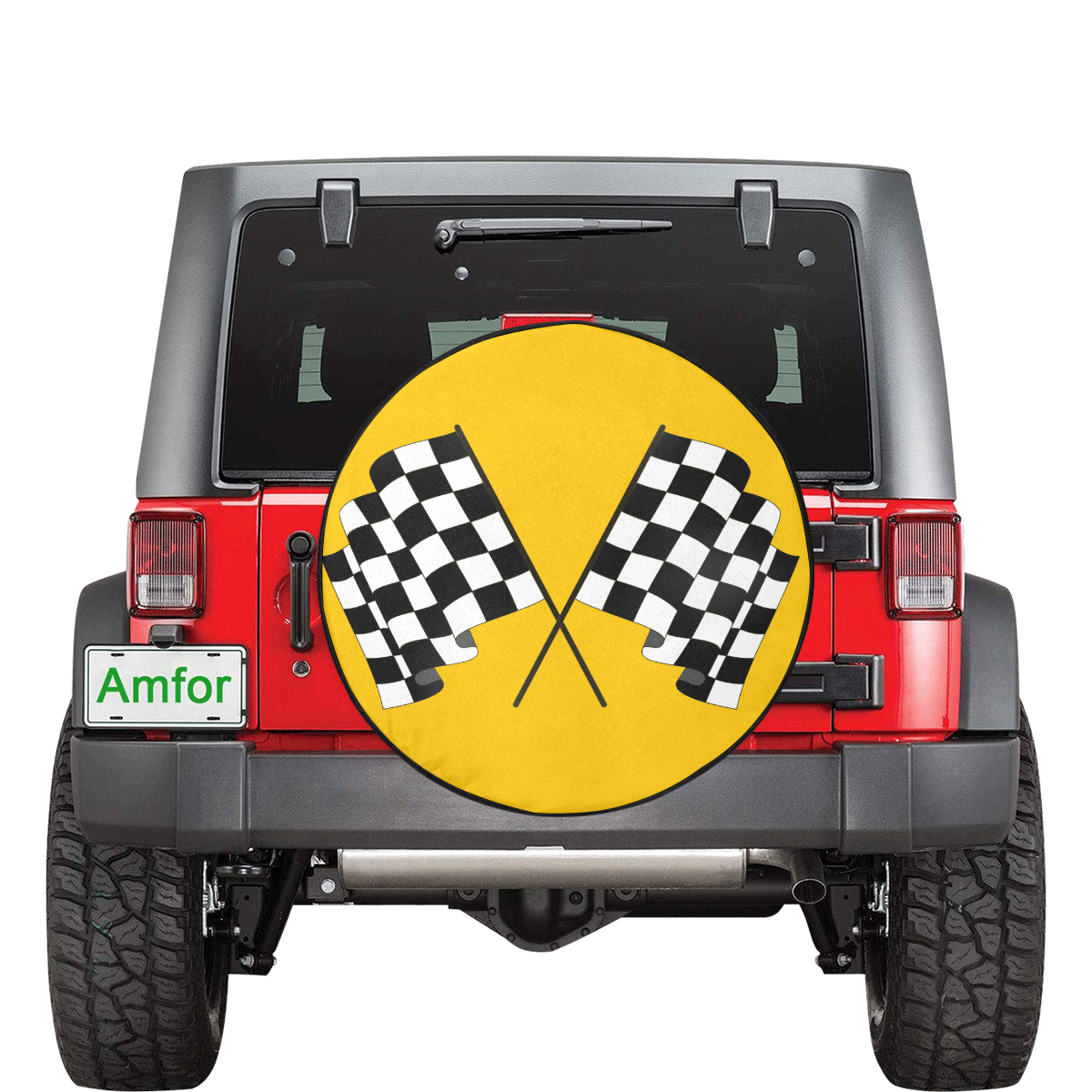 Checkered Race Flags on Black and Yellow 34 Inch Spare Tire Cover