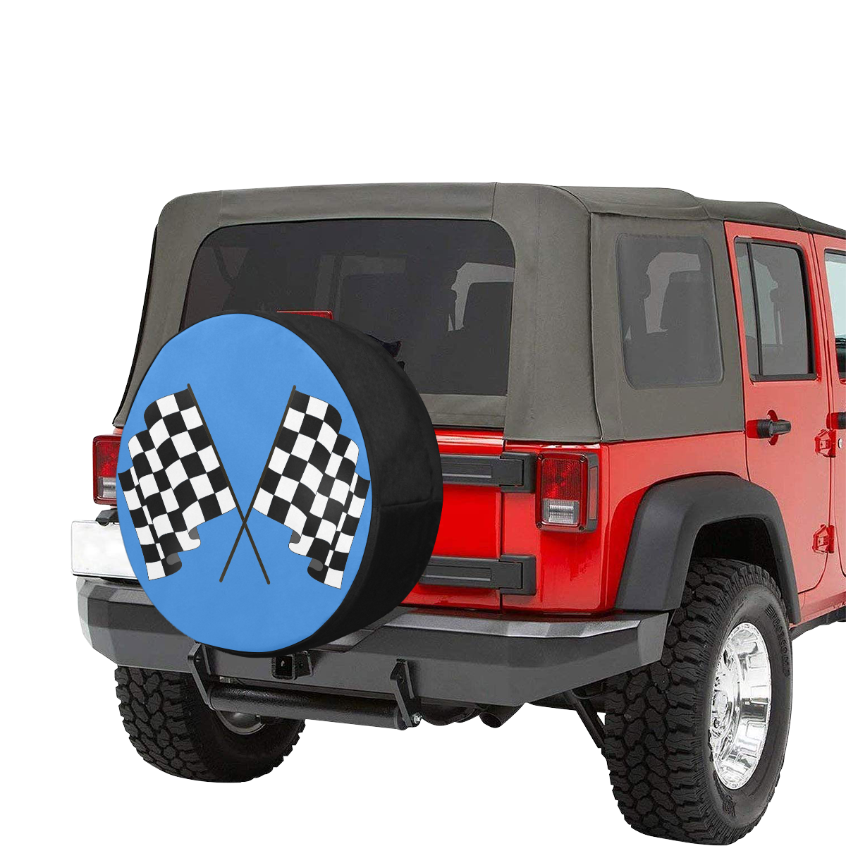 Checkered Race Flags on Black and Blue 34 Inch Spare Tire Cover