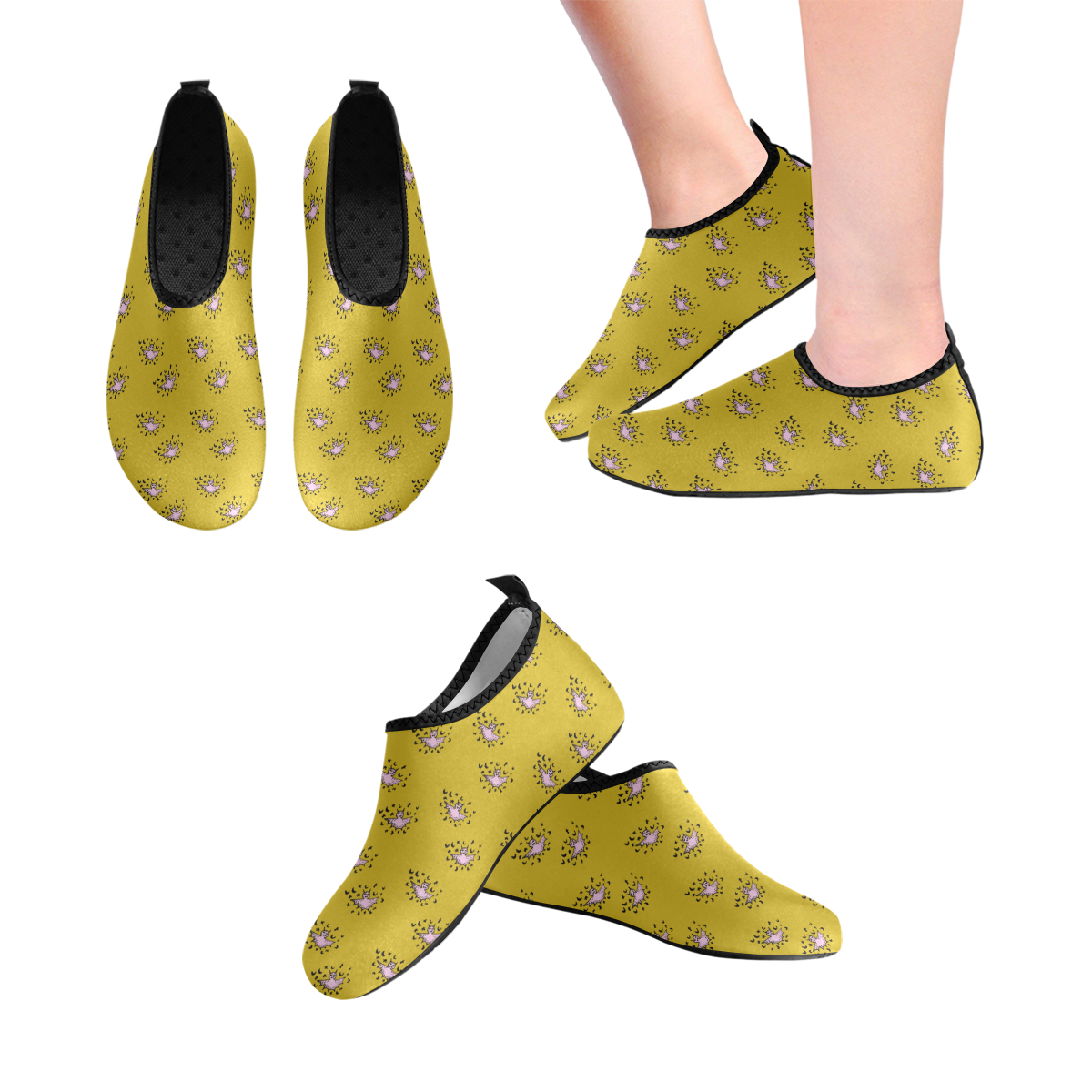 zodiac bat pink yellow Women's Slip-On Water Shoes (Model 056)