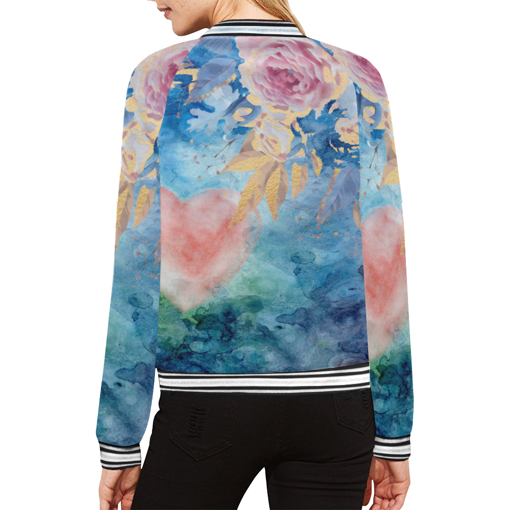 Heart and Flower - Pink and Blue All Over Print Bomber Jacket for Women (Model H21)