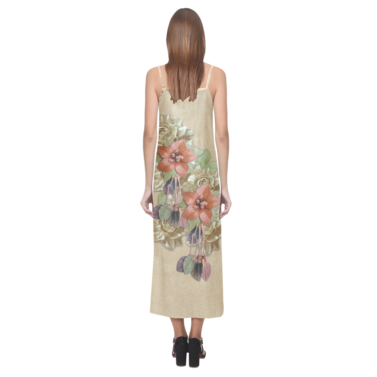 leather flower art V-Neck Open Fork Long Dress(Model D18)