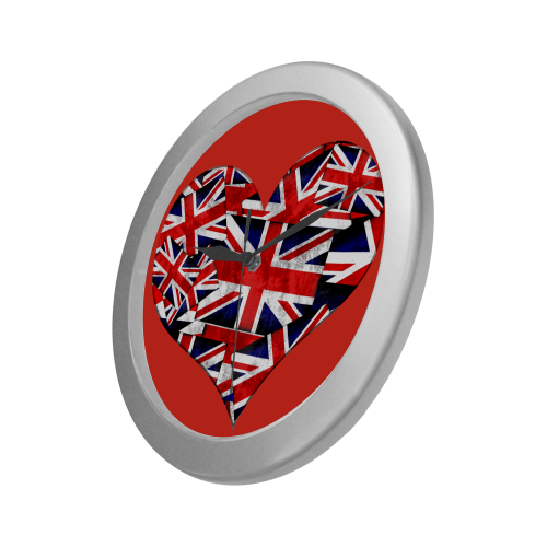 Union Jack British UK Flag Heart Red Silver Color Wall Clock