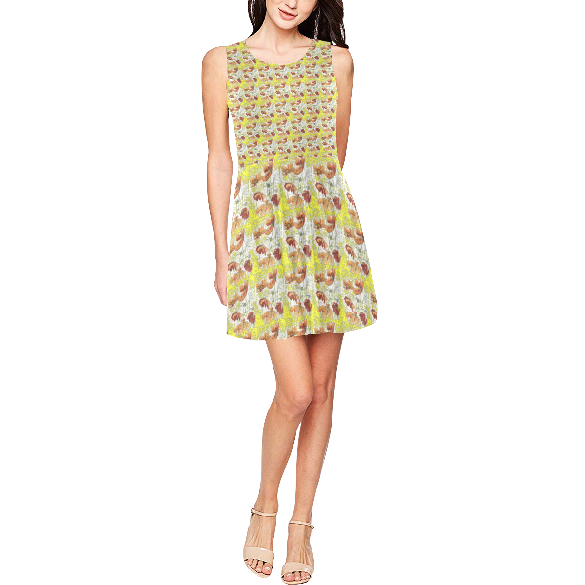 Yellow and Brown Floral Summer Dress Thea Sleeveless Skater Dress(Model D19)