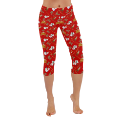 Christmas Gingerbread, Snowman, Reindeer and Santa  Red Women's Low Rise Capri Leggings (Invisible Stitch) (Model L08)
