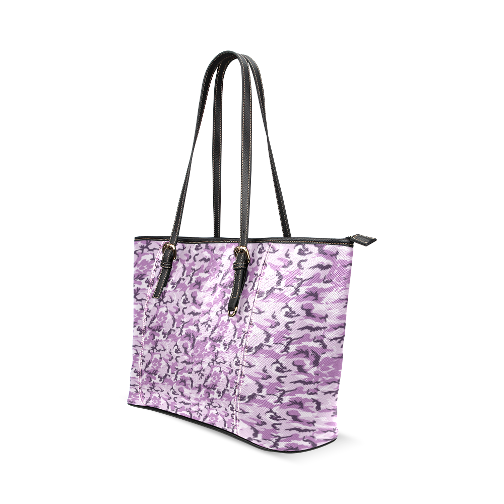 Woodland Pink Purple Camouflage Leather Tote Bag/Small (Model 1640)