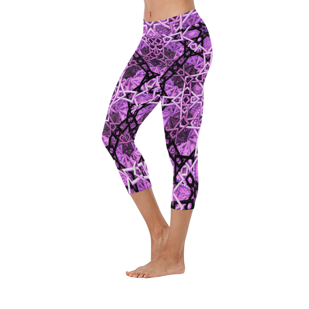 Pink/Black 3-d fractal PAttern Women's Low Rise Capri Leggings (Invisible Stitch) (Model L08)