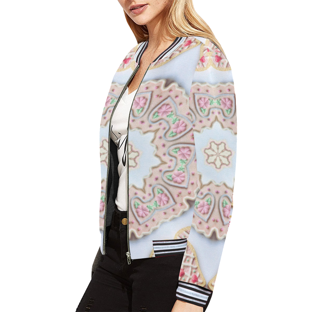 Love and Romance Heart Shaped Sugar Cookies All Over Print Bomber Jacket for Women (Model H21)