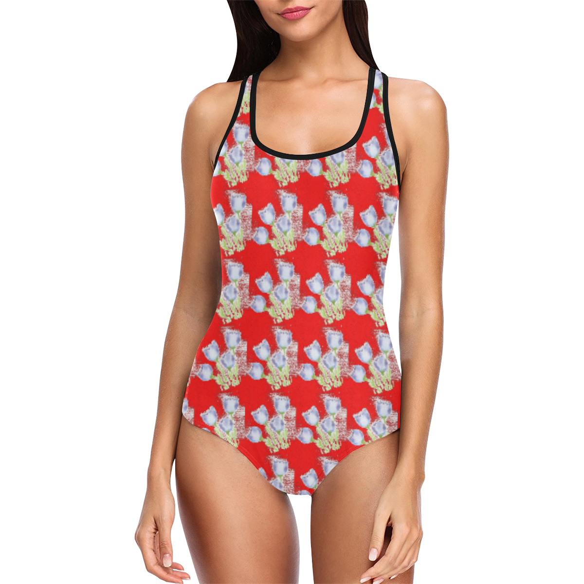 Red Swimming Costume with Lilac Coloured Blooms Vest One Piece Swimsuit (Model S04)