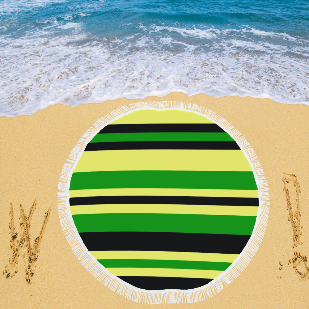 Jamaican Inspired Yellow, Black and Green Stripes Circular Beach Shawl 59"x 59"