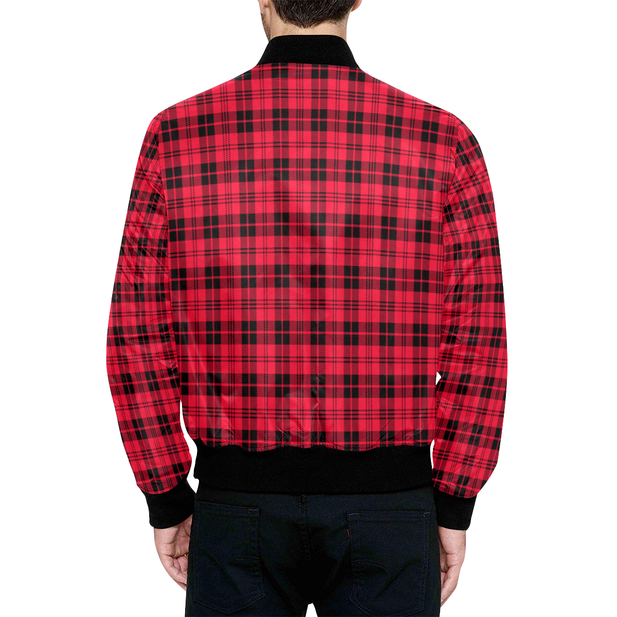 Red checks All Over Print Quilted Bomber Jacket for Men (Model H33)